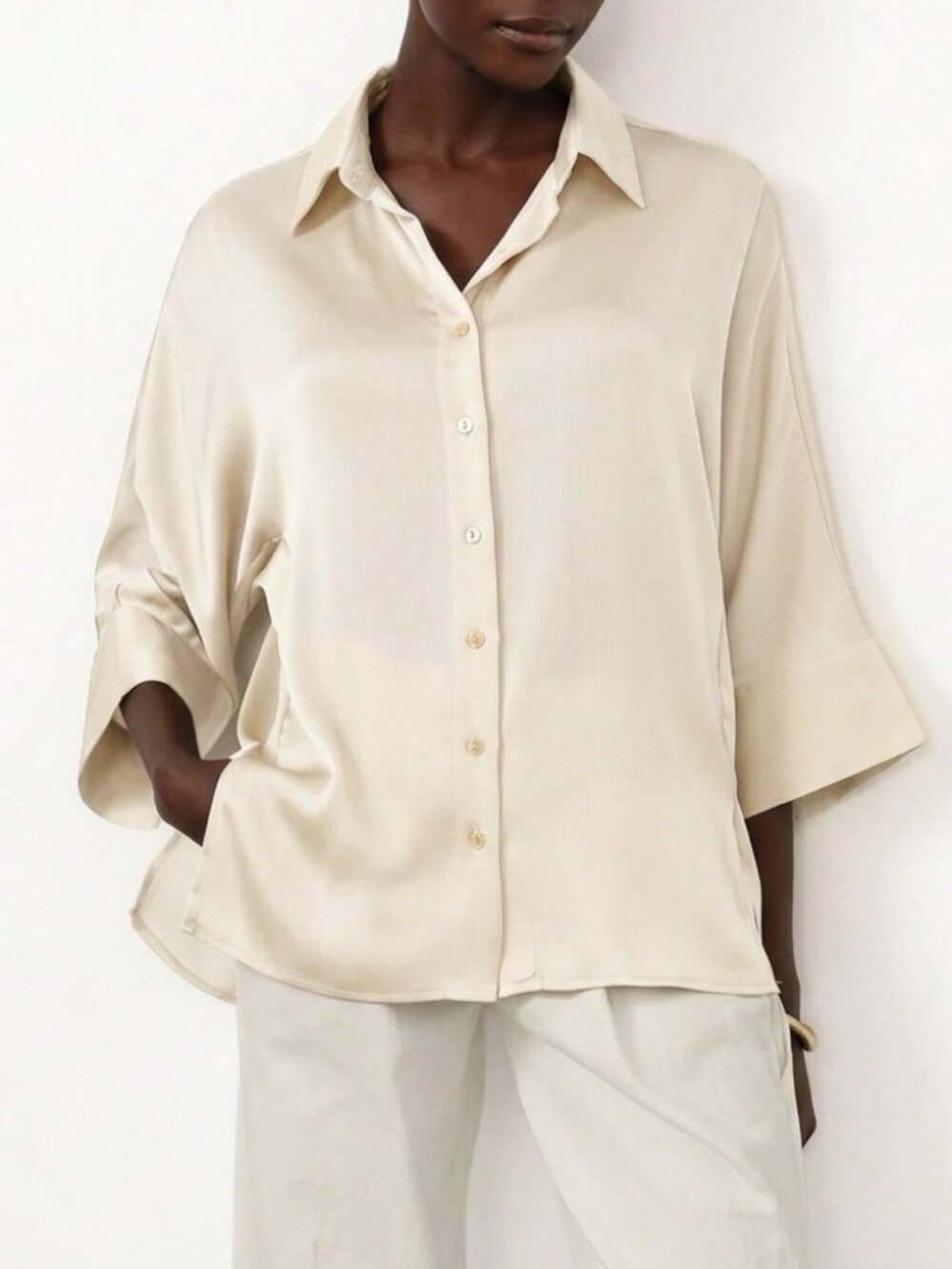 Cream Satin Button-Front Shirt with Wide Cuffed Sleeves
